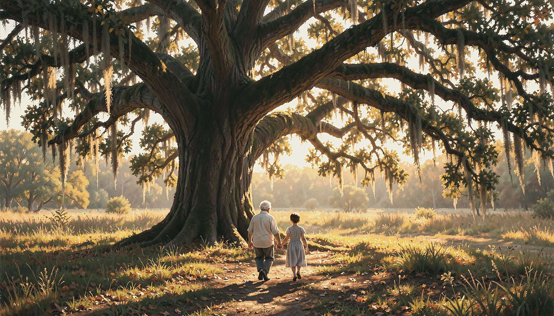 A grandparent and grandchild, seen from behind, walk hand in hand beneath a great oak into late-afternoon gold.